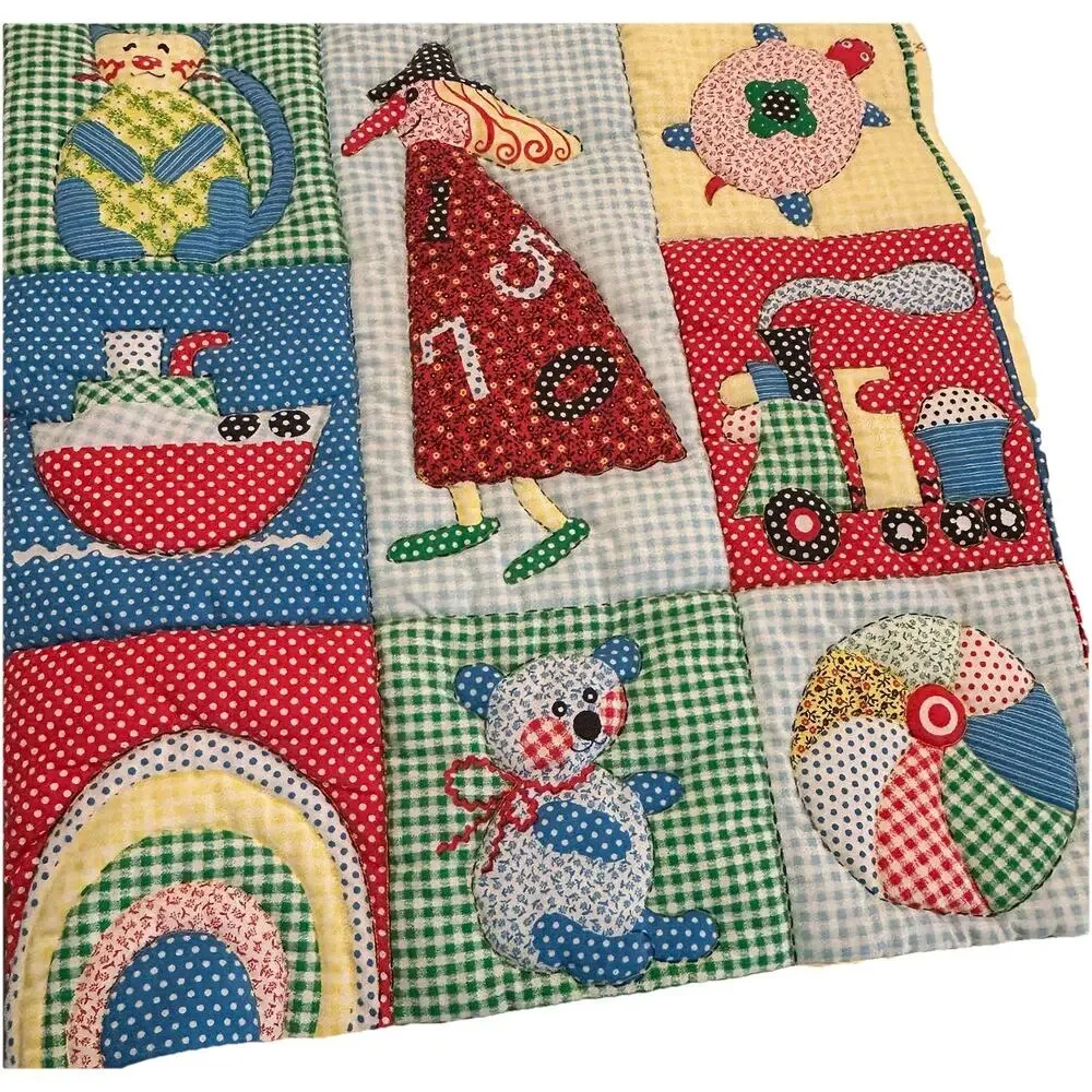 VTG Handmade Baby Novelty Gingham Patchwork Animals Quilt Cotton Fabric 42